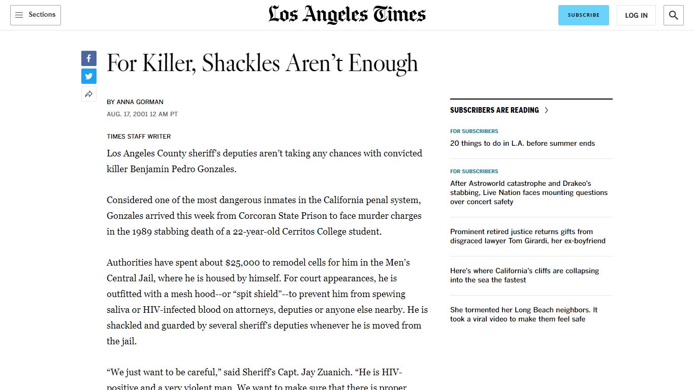 For Killer, Shackles Aren't Enough - Los Angeles Times